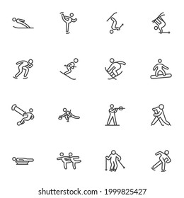 Winter sport activities line icons set, outline vector symbol collection, linear style pictogram pack. Signs, logo illustration. Set includes icons as biathlon, hockey, freestyle skiing, snowboarding