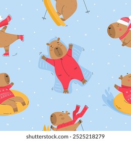 Winter sport activities pattern with capybaras