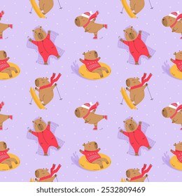 Winter sport activities pattern with capybaras