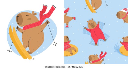 Winter sport activities pattern with capybaras