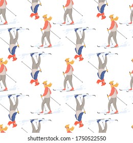 Actividades deportivas de invierno vectores cartoon plano sin fisuras. Gente con ropa de invierno haciendo actividades de invierno. Hombres esquiando con ropa de deporte caliente. Personajes de la estación de esquí.