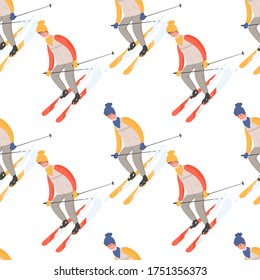 Winter sport activities vector flat cartoon seamless pattern. People in winter clothes doing winter activities. Men and woman snowboarding, skiing in warm sport clothes. Ski resort characters.