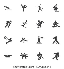 Actividades deportivas de invierno conjunto de iconos vectoriales, colección moderna de símbolos sólidos, paquete de pictogramas estilo relleno. Señales, ilustración del logotipo. El juego incluye íconos como biatlón, hockey, esquí de estilo libre, snowboard