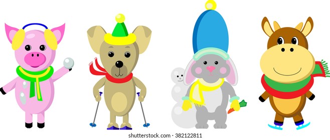 Winter sport activities vector illustration, domestic animals in flat style making winter sport, skiing, snowball, snowman, skating, lovely cartoon characters, cute pets human like, outdoor playing