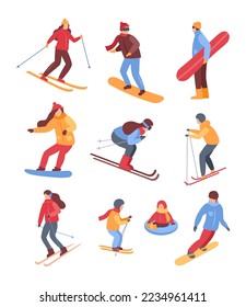 Winter sport activities. Vector set of characters people, ski and snowboard riders, man and woman, tubing children in the ski resort. Skiing, snowboarding vacation concept. Christmas family weekends