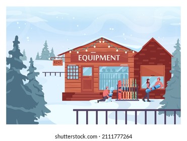 Winter sport activity. Couple, female and male characters renting a snowboarding equipment. Mountain ski resort valley with ski lift. Flat vector illustration