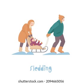 Winter sport and activity. Family playing together. Sledding with children. Friends having fun. Cartoon characters. Editable vector illustration in modern style isolated on a white background. 