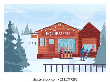 Actividades deportivas de invierno. Caracter femenino alquilando un equipo de snowboard. El valle de la estación de esquí de montaña con remonte. Ilustración vectorial plana