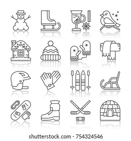 Winter sport activity outdoor black thin line with reflection icon set. Vector linear symbol pack. Flat outline sign without fill. Simple pictogram graphic collection. Web, print, logo, card design