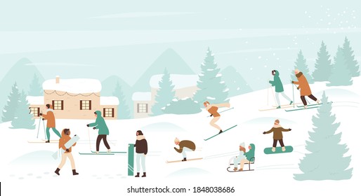 Winter sport activity vector illustration. Cartoon active ski and snowboard riders people have fun, man woman kid characters snowboarding, sledding and skiing in Christmas snow landscape background