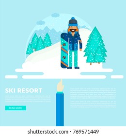 Winter sport background with character and skiing,  snowboarding set equipment  in flat style design. Elements for ski resort picture, mountain activities, vector illustration.