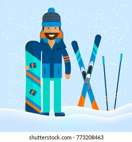 Winter sport background with character and skiing,  snowboarding set equipment  in flat style design. Elements for ski resort picture, mountain activities, vector illustration.