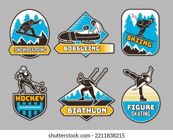 Winter sport badges. Winter fitness activity symbols and emblems ski snowboarding biathlon recent vector business identity templates