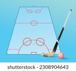 Winter sport.  Bandy field (Hockey with a ball) and equipment. Vector 3d illustration