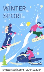 Winter Sport banner with skiiers, snowborders and snowsport fun. Flat Art Vector Illustration