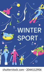 Winter Sport banner with skiiers, snowborders and snowsport fun. Flat Art Vector Illustration