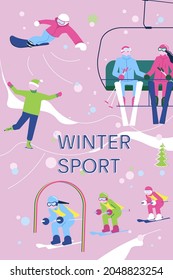 Winter Sport banner with skiiers, snowborders and snowsport fun. Flat Art Vector Illustration