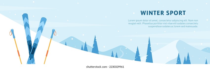 Winter sport banner. Vector illustration of winter extreme sport with snowy mountains, skiing, pine tree. Ski horizontal background. Outdoor holidays activities. Mountain landscape for web, poster