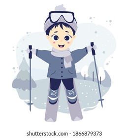 Winter sport. Boy athlete skiing on a decorative background with a winter landscape, trees and snow. Vector illustration. Isolated. Childrens collection. Flat design