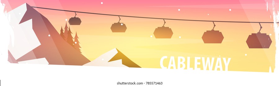 Winter Sport. Cableway. Ski Pass. Ski horizontal banner Vector illustration