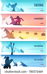 Winter Sport. Cableway. Ski Pass. Set of Ski horizontal banner. Vector illustration