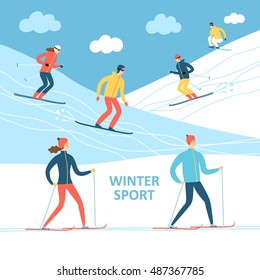 Winter sport cartoon illustration. Skiers and snowboarders on ski resort. Winter illustration for your design.