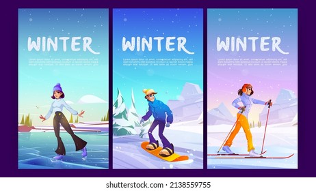 Afiches de dibujos animados deportivos de invierno con personas que disfrutan del esquí, patinaje y snowboard actividades al aire libre extremas. Joven hombre y mujer con traje cálido relajante y divertido en el complejo, ilustración vectorial