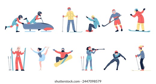 Personajes de deportes de invierno. Mujeres y hombres atléticos de temporada esquiando, haciendo snowboard, jugando hockey y patinando. Actividades al aire libre conjunto de Vector reciente