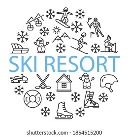 Winter sport circle banner with flat line icons. Vector illustration ski resort symbols on white background included skier, slalom, snowboarder, cableway, equipment. In the center you can write any