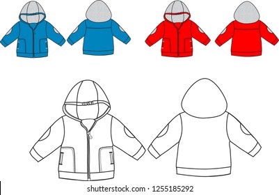 winter sport clothes baby jacket template design,Blue,red,gray color flat sketches technical drawings tech pack Illustrator vector