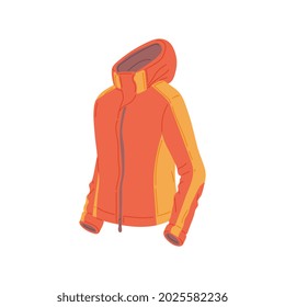 Winter sport coat, warm orange jacket with hood isolated on white background. Vector illustration of casual ski wear clothes with zipper, outdoor clothing.