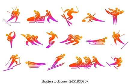 Winter sport colorful icon set, sportsmans in moving poses of gradient orange purple color isolated on white. Biathlon, bobsled, curling, skating, skiing and snowboard athletes. Vector and png sign.