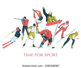 Winter sport. Colorful sportsmen, athletes set. Hockey, biathlon, snowboarding, skating, ice skiing, figure, freestyle. Vector illustration.