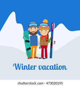Winter sport, couple on vacation. Vector illustration