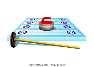 Winter sport. Curling court with equipment on a white background. Vector 3d illustration