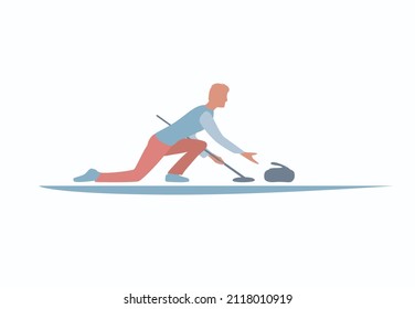 Deporte de invierno Curling. Jugador de curling con piedra y escoba en una pista de hielo. Icono de silueta de color. Ilustración vectorial.