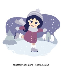 Winter sport. Cute girl ice skating on a blue decorative background with a winter landscape, trees and snow. Vector illustration. Isolated. Kids collection for design and postcards. Flat design
