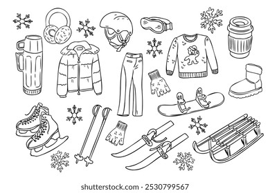 Winter sport doodle hand drawn set. Snowboard, winter garnet, helmet, skis, sledge and skates isolated on white background. Cute items for winter season for coloring pages, stickers