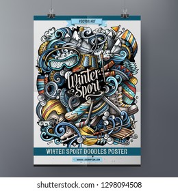 Winter sport doodles poster design. Ski resort sign board template. Cold season outdoor activities signboard with handrawn doodles. Hand drawn art background. Colorful vector illustration