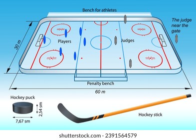 Winter sport. Educational scheme for playing hockey. Hockey rink and equipment. Vector art illustration