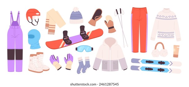 Winter sport elements. Vacation outfits for active recreation on ski resort. Seasonal clothes, sweater and gloves, snowboard overalls, racy vector set