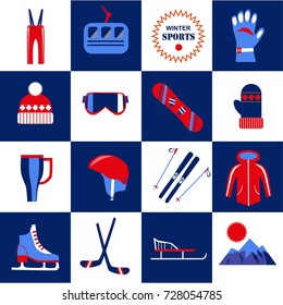 Winter sport equipment and clothes isolated illustrations set