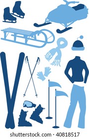 Winter sport equipment, winter clothes, vector illustration