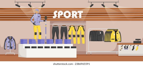 Winter sport equipment collection on sale. Boutique and shop interior. Set of jackets, trousers, socks, clothes. Snowboarding and ski extreme sport wear. Winter design. Vector illustration