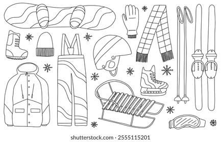 Winter sport equipment doodle set. Vector set with ice skates, snow boots, snowboard, ski, gloves, helmet, sled, jacket, pants, ski glasses. Coloring page vector 