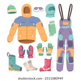 Equipamiento deportivo de invierno, gorra y chaqueta aisladas, guantes y calcetines, bufanda y gafas, botas y en general. Conjunto de Vector de accesorios deportivos de invierno. Esquí de montaña y patinaje en vacaciones