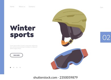 Winter sport equipment landing page template with helmet and goggles for skiing snowboarding design