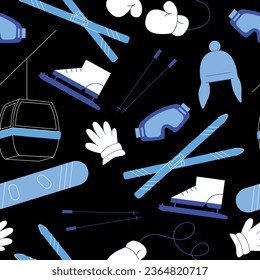 Winter sport equipment seamless pattern. Vector icons set with snowboard, ski, gloves, glasses, hat, ski lift, skates. Illustration of winter sporting accessories. Mountain skiing and skating activity