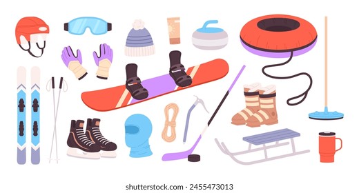 Winter sport equipment. Seasonal outdoor activities tools and clothes. Isolated ski, snowboard and hockey skates. Helmet and gloves, racy vector set