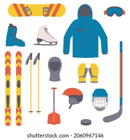 Equipo deportivo de invierno. Colección de deportes de invierno. Elementos para esquiar, patinaje sobre hielo, snowboard y hockey. Estilo plano. Ilustración vectorial aislada 